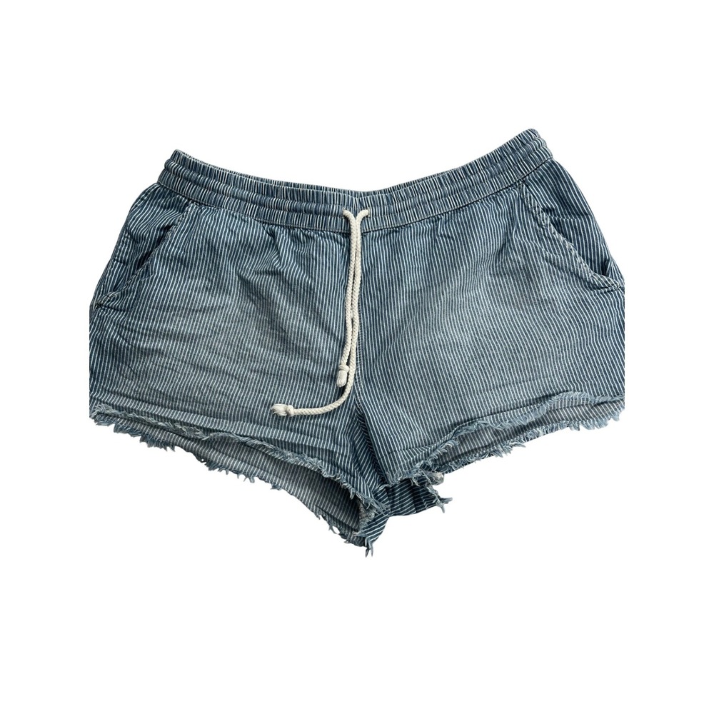 Aerie Blue White Striped Cotton Drawstring Shorts Raw Hem Coastal Vacay Nautical